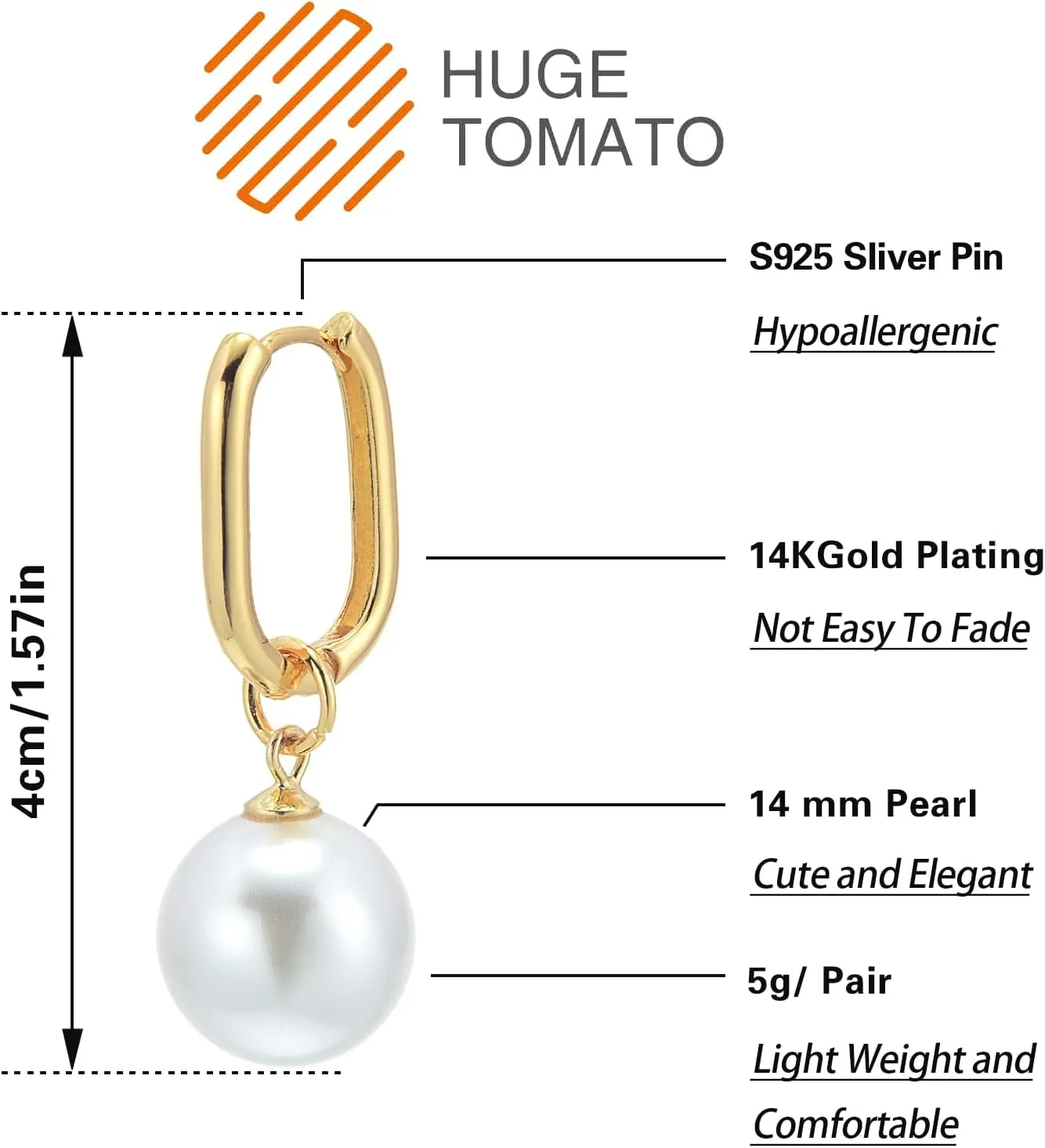 14MM Pearl Drop Earrings 14K Gold Plated Pearl Hoop Dangle Earrings