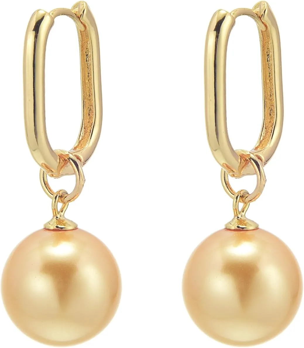 14MM Pearl Drop Earrings 14K Gold Plated Pearl Hoop Dangle Earrings