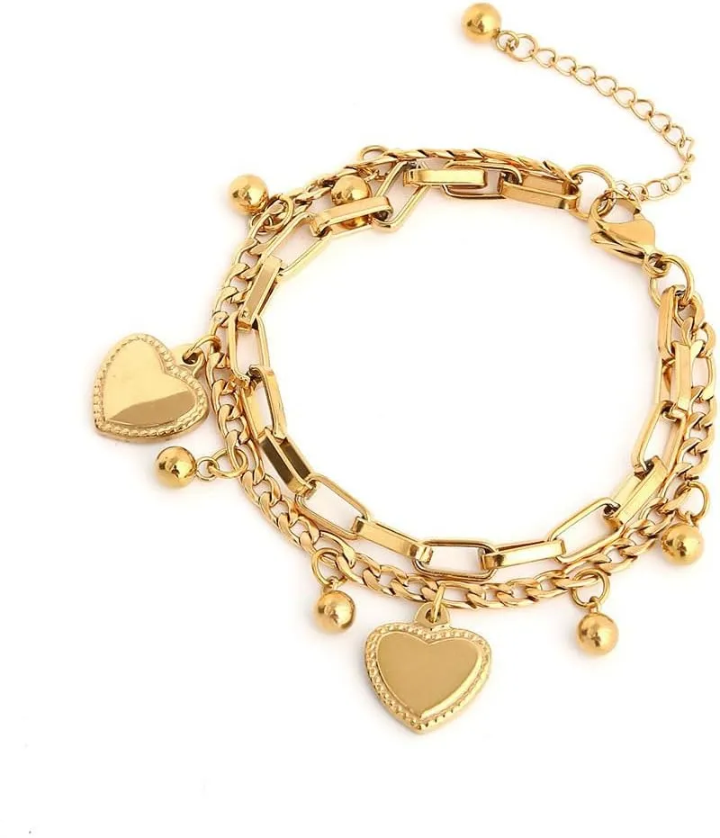 18K Gold Stainless Steel Heart Bracelet for Women with Ball and Heart Charms Gifts for Women