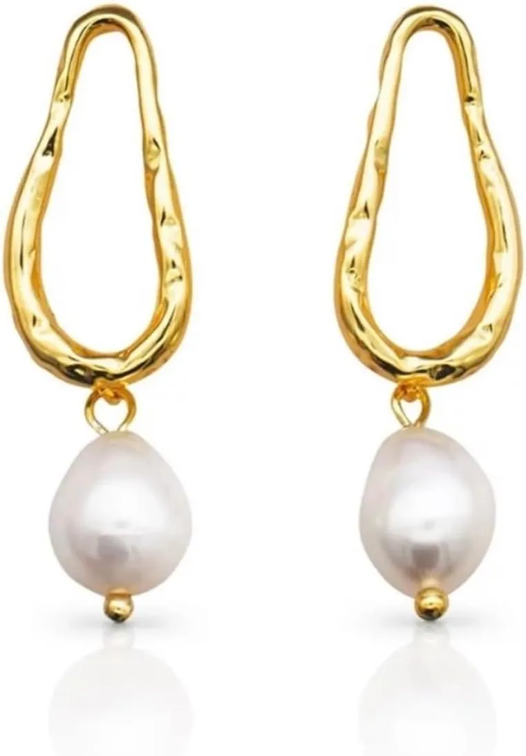 18K Karat yellow gold plated over sterling silver freshwater baroque pearl drop dangle earrings jewelry gift for women- Freshwater Pearl Earrings- Nickel Free, Hypoallergenic, Waterproof