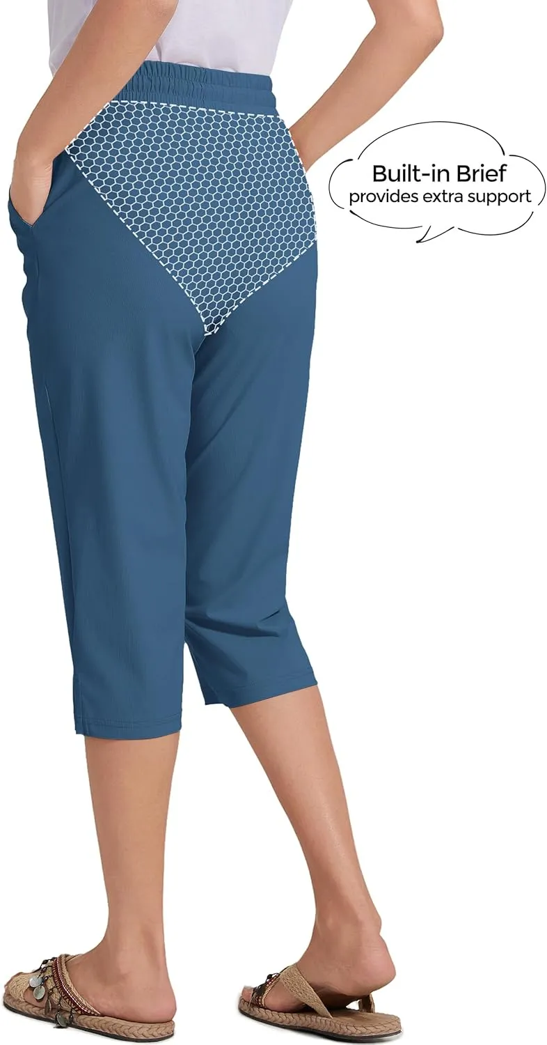 18" Beach Pants for Women Swim Pants Built-in Brief Quick Dry Summer Capris UPF50  Knee Length Long Swim Bottoms