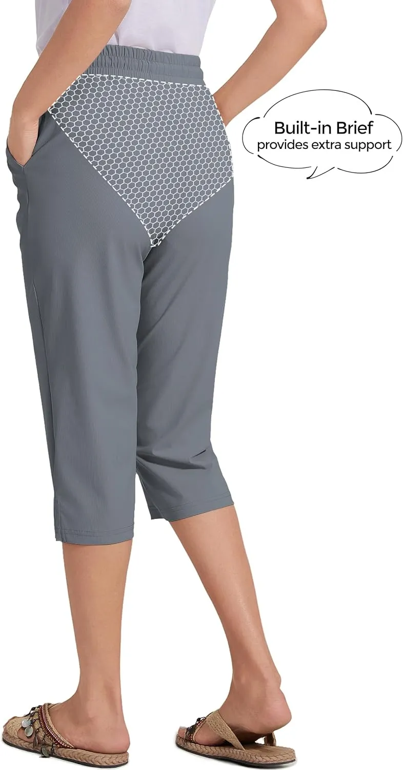 18" Beach Pants for Women Swim Pants Built-in Brief Quick Dry Summer Capris UPF50  Knee Length Long Swim Bottoms
