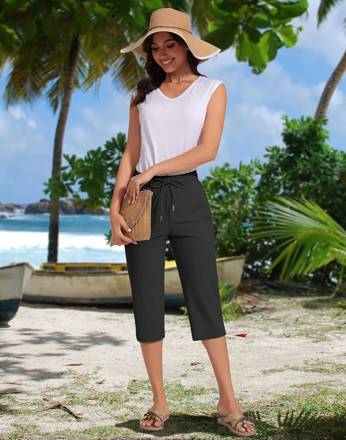 18" Beach Pants for Women Swim Pants Built-in Brief Quick Dry Summer Capris UPF50  Knee Length Long Swim Bottoms
