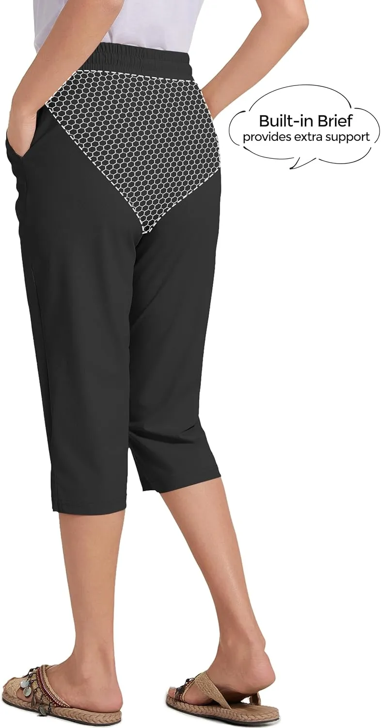 18" Beach Pants for Women Swim Pants Built-in Brief Quick Dry Summer Capris UPF50  Knee Length Long Swim Bottoms
