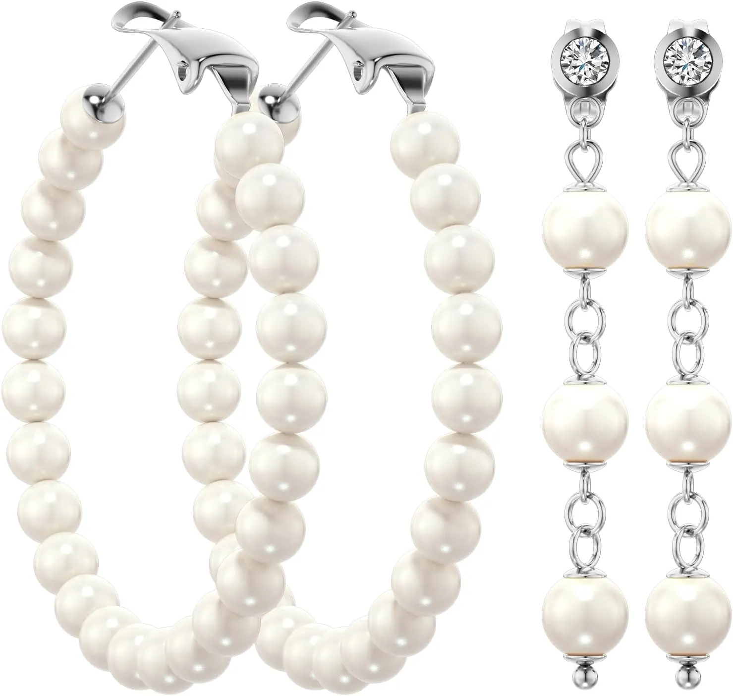 3 Pairs Pearl Earrings for Women - Gold Plated Lightweight Open Large Circle Round Pearl Earrings, 316L Surgical Steel Hypoallergenic, Valentines Day Gift.