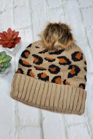 #32 Tan Leopard Pom-Pom Beanie