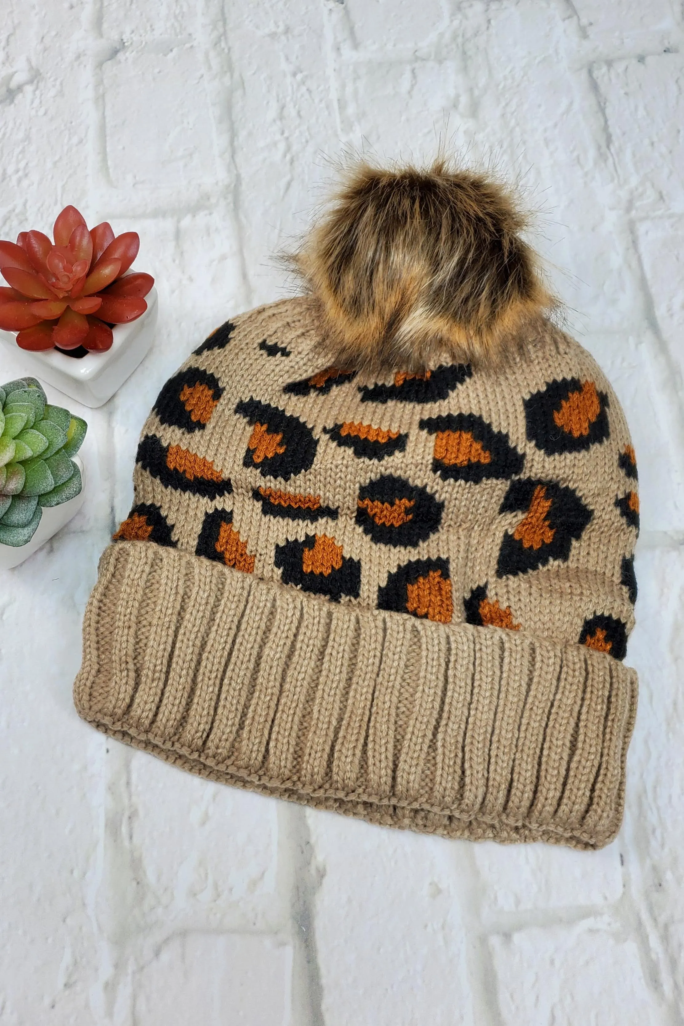 #32 Tan Leopard Pom-Pom Beanie