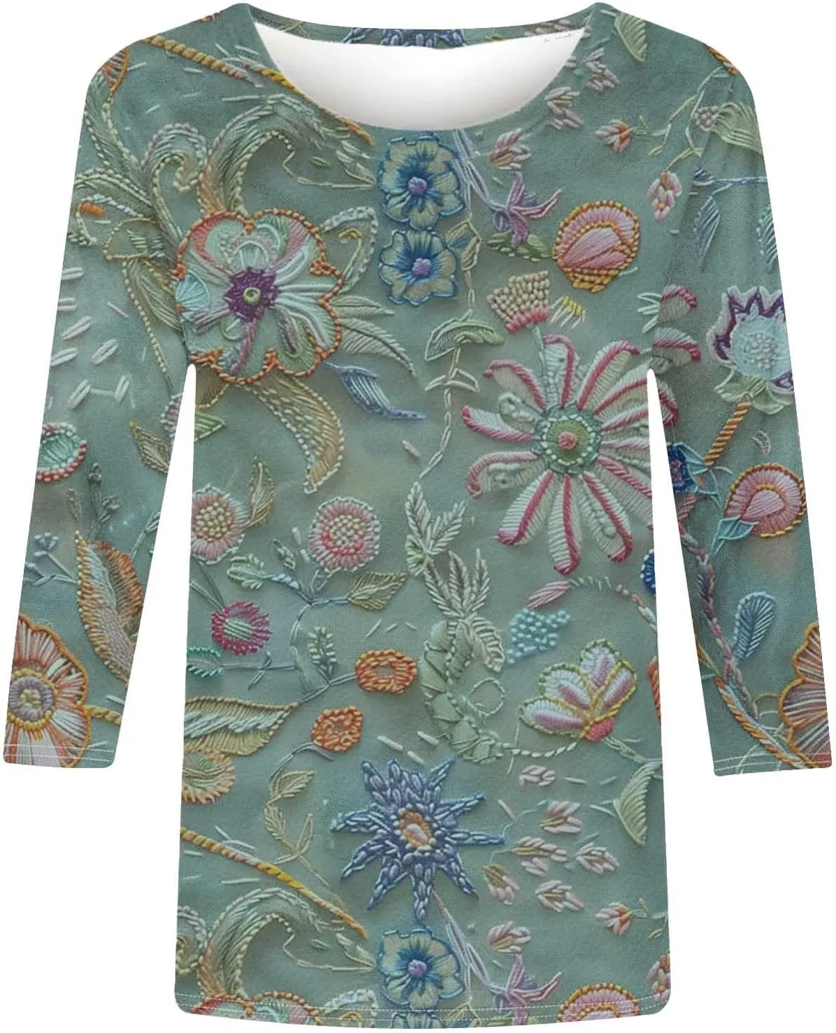 3/4 Length Sleeve Womens Tops Round Neck Trendy Casual Blouses Loose Fit Floral T-Shirt Shirts