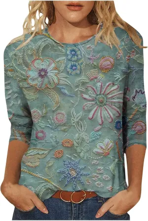 3/4 Length Sleeve Womens Tops Round Neck Trendy Casual Blouses Loose Fit Floral T-Shirt Shirts