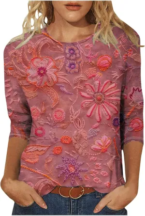 3/4 Length Sleeve Womens Tops Round Neck Trendy Casual Blouses Loose Fit Floral T-Shirt Shirts