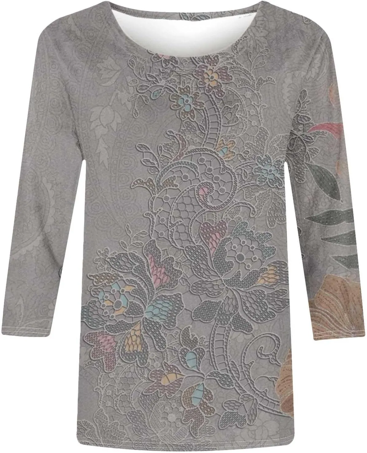 3/4 Length Sleeve Womens Tops Round Neck Trendy Casual Blouses Loose Fit Floral T-Shirt Shirts