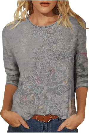 3/4 Length Sleeve Womens Tops Round Neck Trendy Casual Blouses Loose Fit Floral T-Shirt Shirts