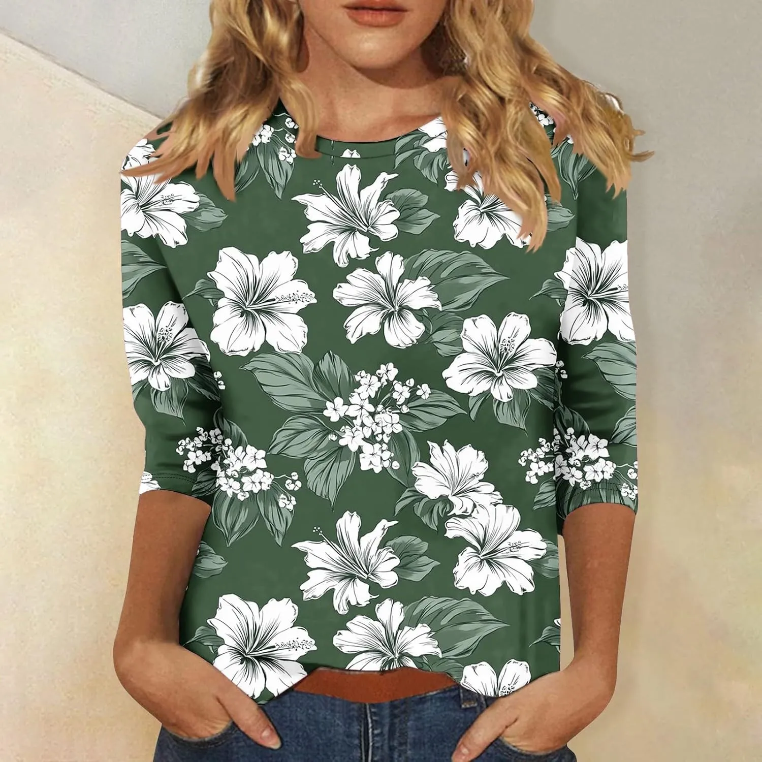 3/4 Sleeve Tops for Women Fashion Floral Print Graphic Tees Loose Fit Pullover Dressy Casual Crewneck Tunic Blouse