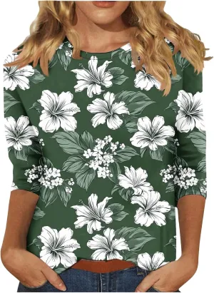 3/4 Sleeve Tops for Women Fashion Floral Print Graphic Tees Loose Fit Pullover Dressy Casual Crewneck Tunic Blouse
