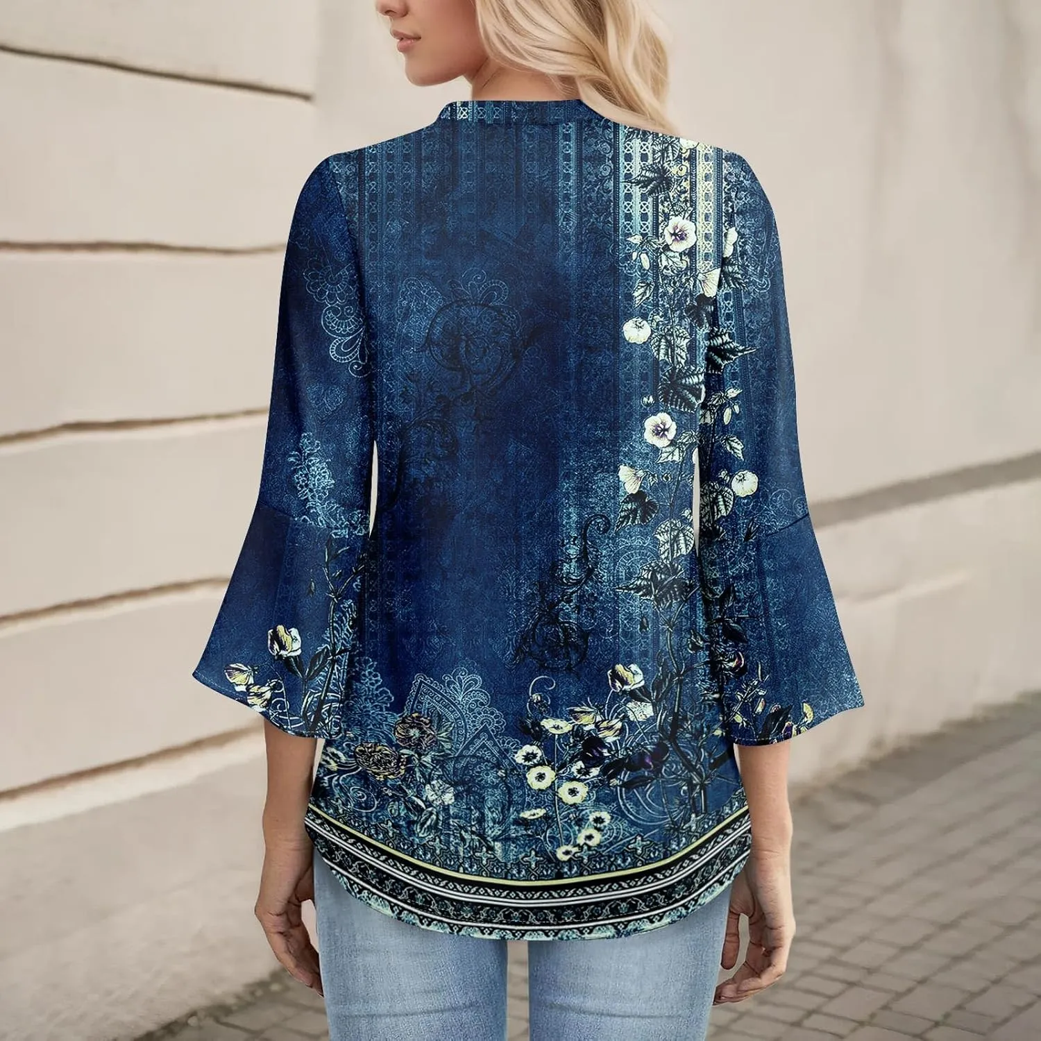 3/4 Sleeve Tops for Women V Neck Summer T Shirts Trendy Bell Sleeve Floral Print Blouses Dressy Casual 2025 Tops Cute