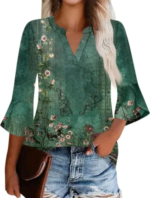3/4 Sleeve Tops for Women V Neck Summer T Shirts Trendy Bell Sleeve Floral Print Blouses Dressy Casual 2025 Tops Cute