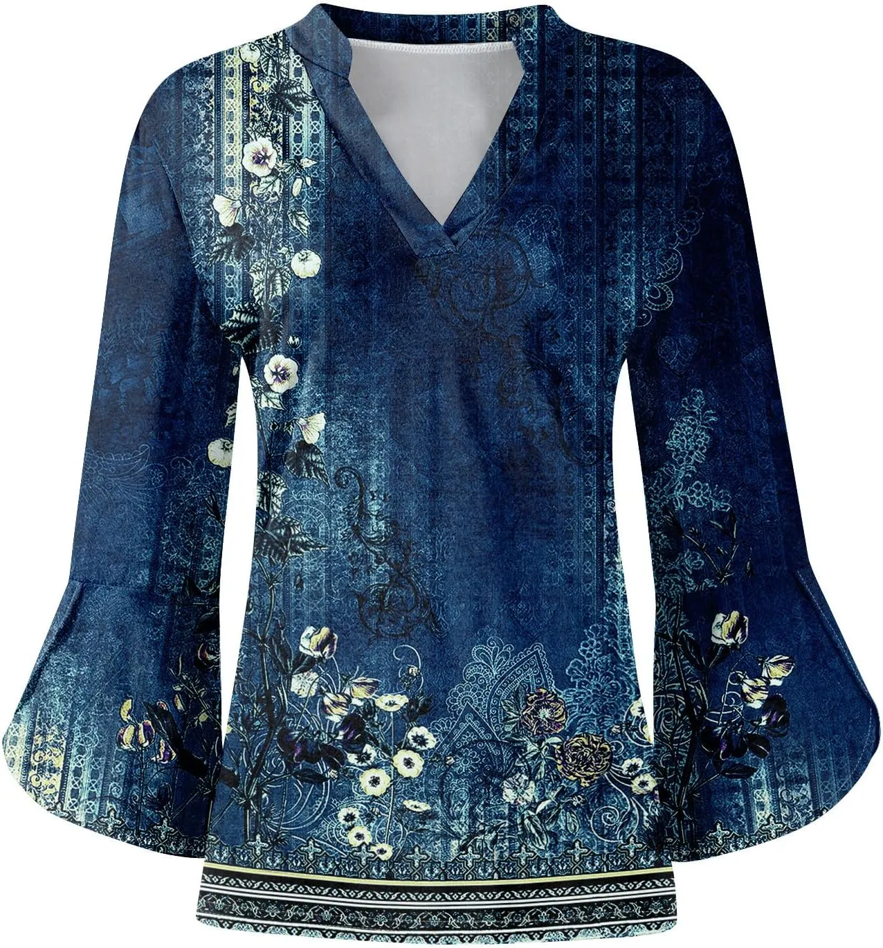 3/4 Sleeve Tops for Women V Neck Summer T Shirts Trendy Bell Sleeve Floral Print Blouses Dressy Casual 2025 Tops Cute