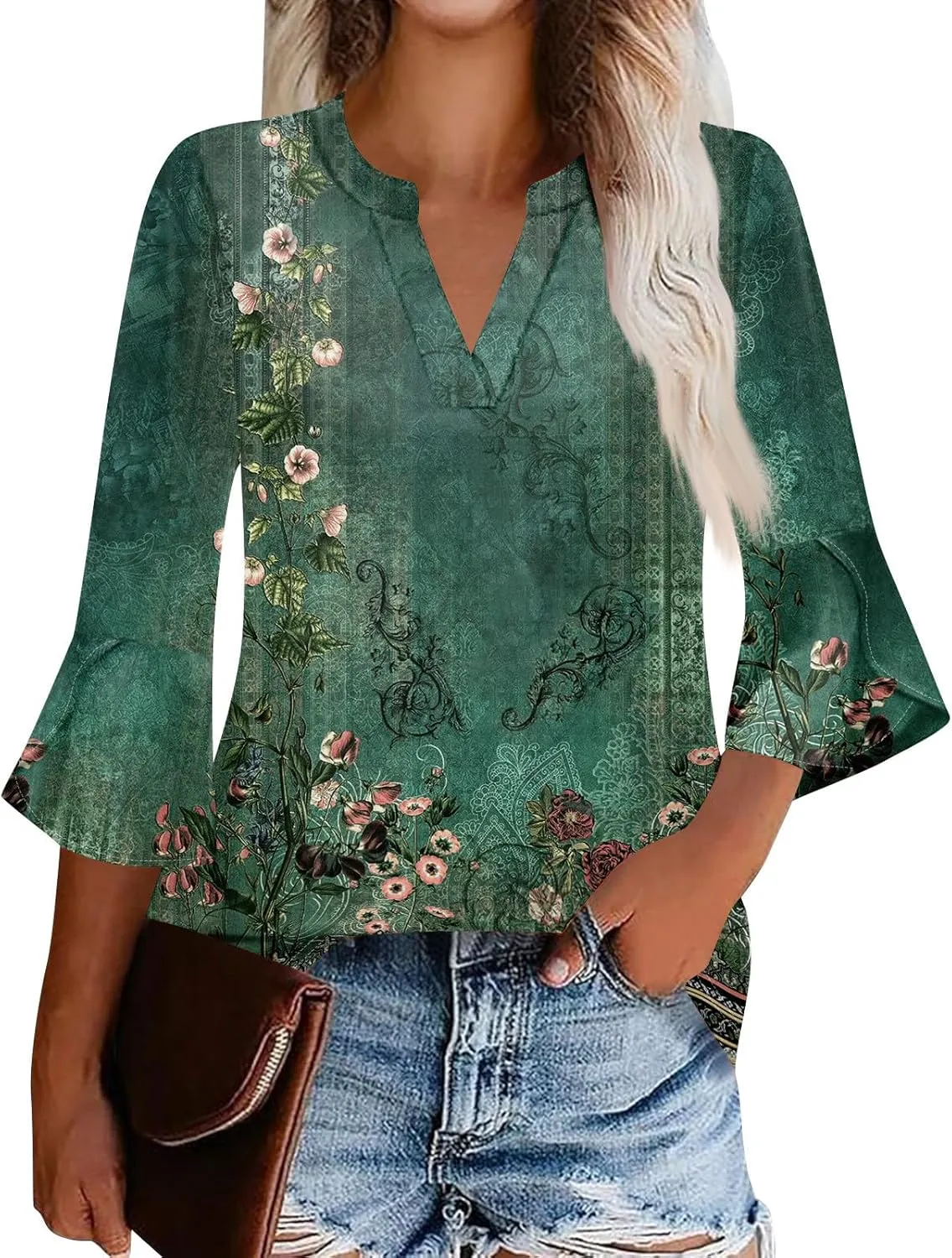 3/4 Sleeve Tops for Women V Neck Summer T Shirts Trendy Bell Sleeve Floral Print Blouses Dressy Casual 2025 Tops Cute