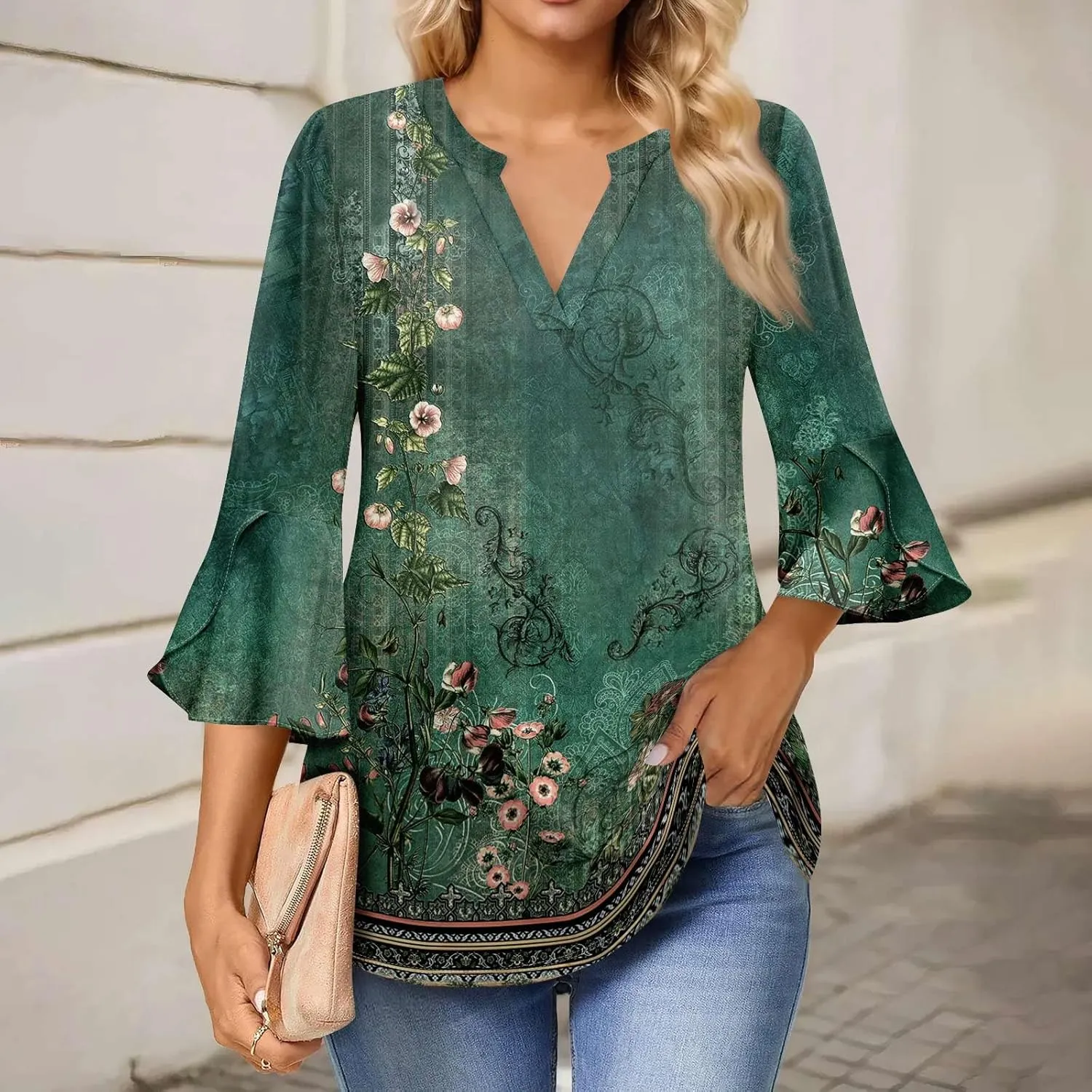 3/4 Sleeve Tops for Women V Neck Summer T Shirts Trendy Bell Sleeve Floral Print Blouses Dressy Casual 2025 Tops Cute
