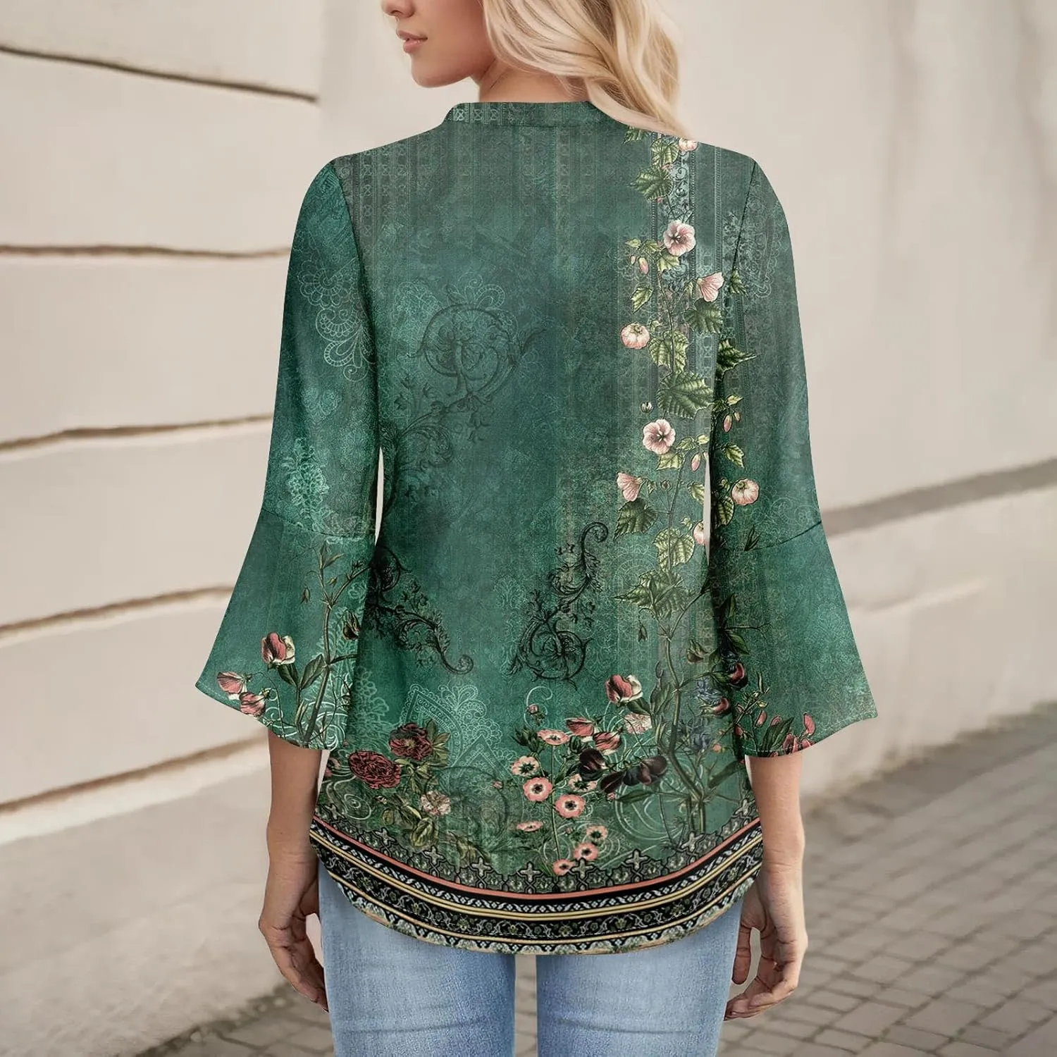 3/4 Sleeve Tops for Women V Neck Summer T Shirts Trendy Bell Sleeve Floral Print Blouses Dressy Casual 2025 Tops Cute