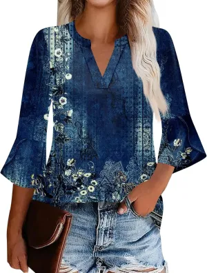 3/4 Sleeve Tops for Women V Neck Summer T Shirts Trendy Bell Sleeve Floral Print Blouses Dressy Casual 2025 Tops Cute