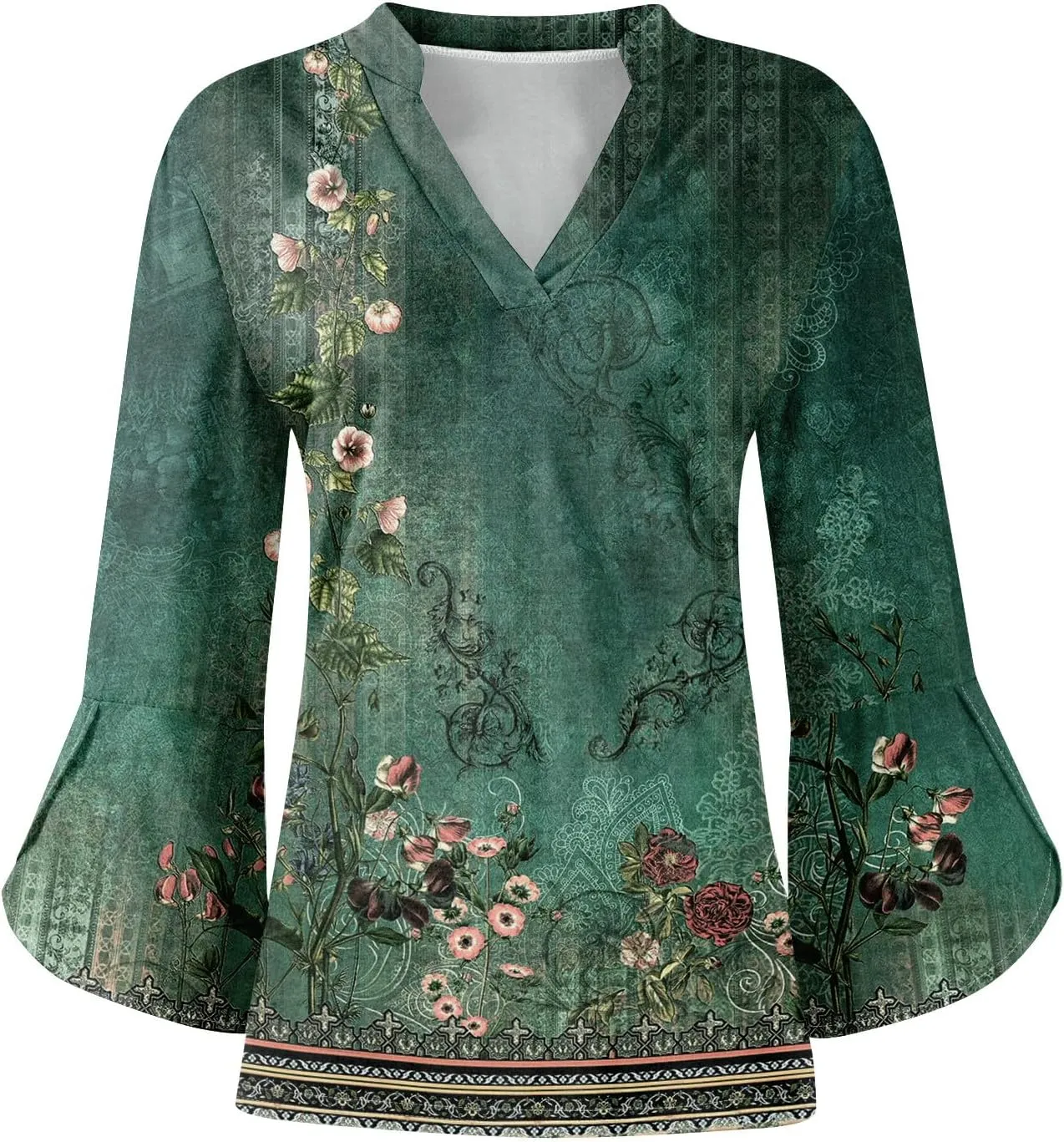 3/4 Sleeve Tops for Women V Neck Summer T Shirts Trendy Bell Sleeve Floral Print Blouses Dressy Casual 2025 Tops Cute