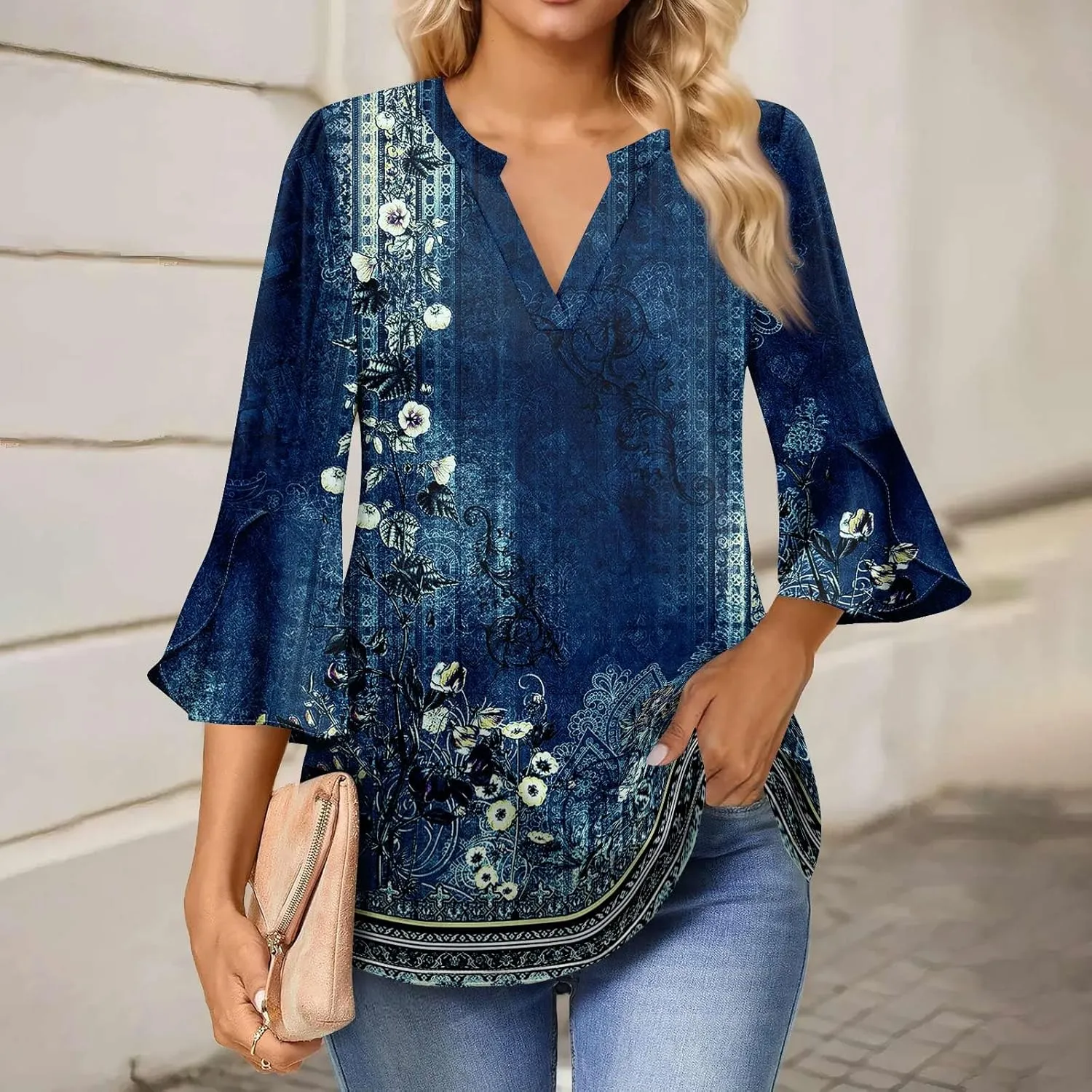 3/4 Sleeve Tops for Women V Neck Summer T Shirts Trendy Bell Sleeve Floral Print Blouses Dressy Casual 2025 Tops Cute