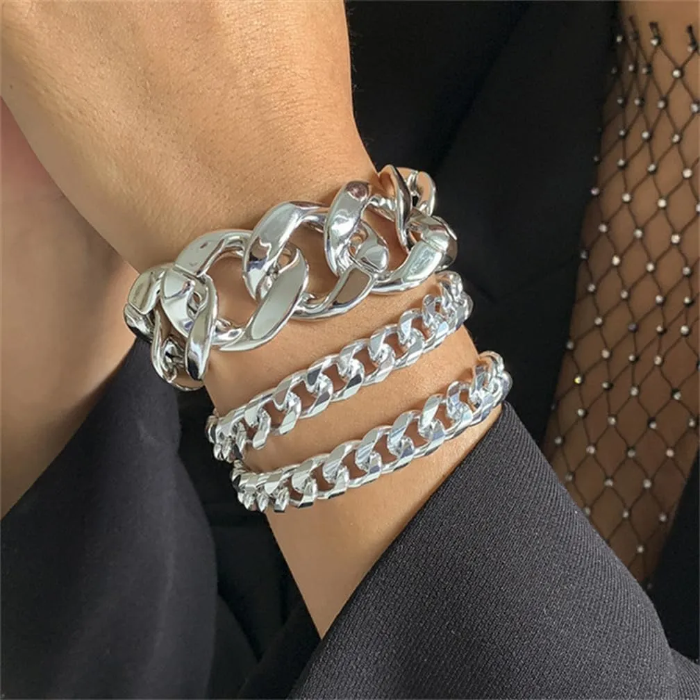 3Pcs Gold Chunky Cuba Chain Bracelets Set for Women Exaggerated Large Silver Cuban Link Bracelet Fashion Hip Hop Statement Jewelry Plus Size Accessories