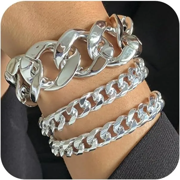 3Pcs Gold Chunky Cuba Chain Bracelets Set for Women Exaggerated Large Silver Cuban Link Bracelet Fashion Hip Hop Statement Jewelry Plus Size Accessories