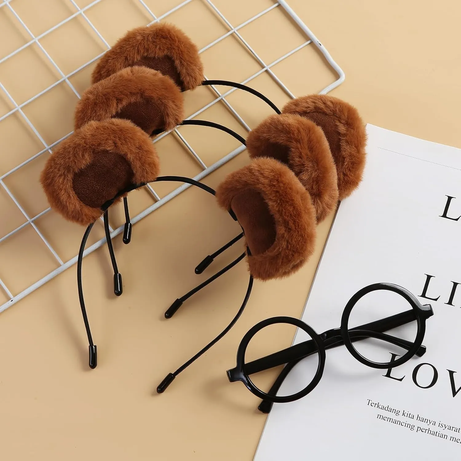 4Pack Chipmunk Ears Headband and Round Frame Glasses Set Halloween Costume Accessories Cosplay Party Supplies