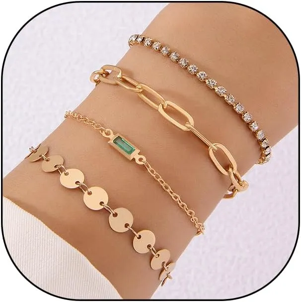 4Pcs Stackable Crystal Statement Bracelets Set for Women, Dainty 14K Gold Paperclip Tennis Chain Bangles Trendy Round Disc Cubic Zirconia Bracelets