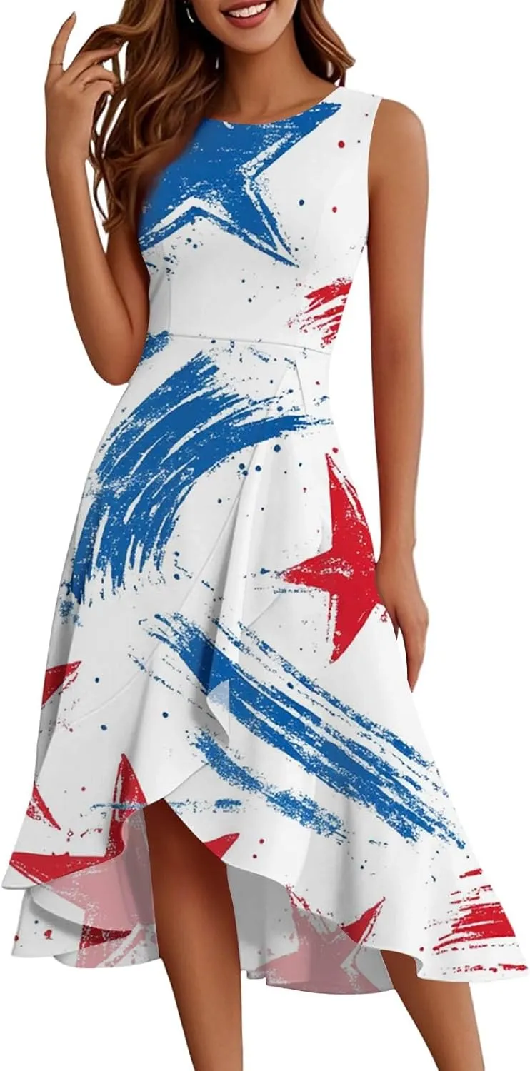 4th of July Dress for Women American Flag Patriotic Sleeveless Ruffle Hem Dresses High Waist Red White and Blue Dress