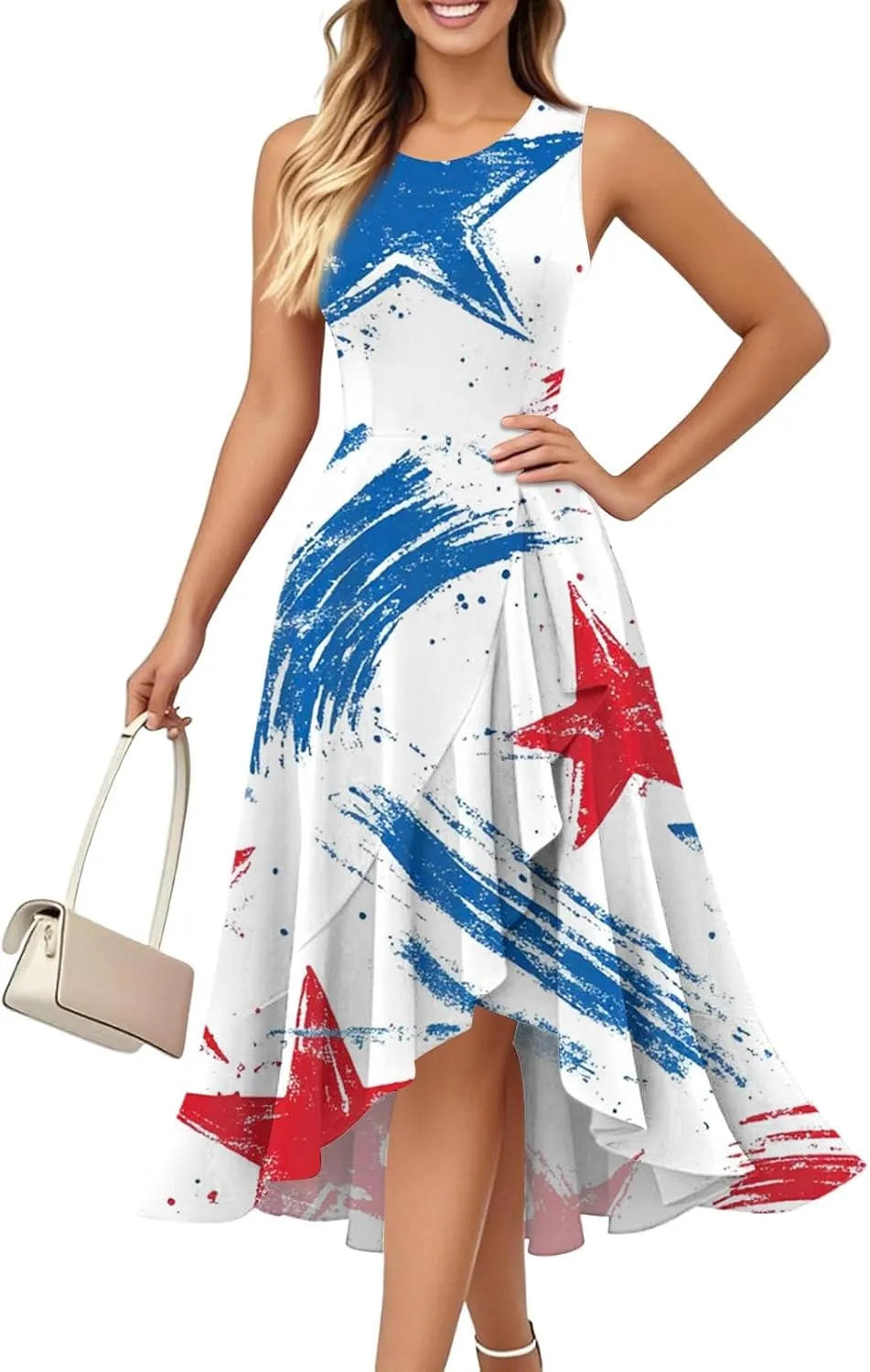 4th of July Dress for Women American Flag Patriotic Sleeveless Ruffle Hem Dresses High Waist Red White and Blue Dress