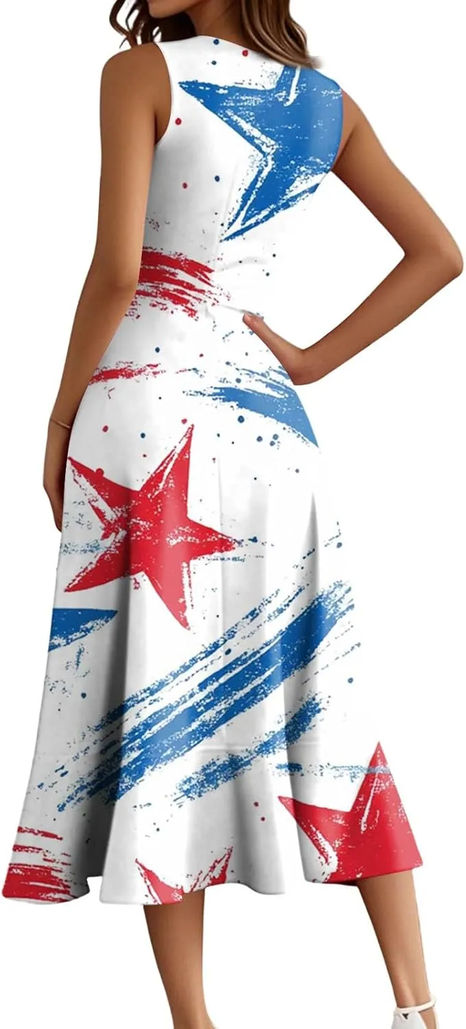 4th of July Dress for Women American Flag Patriotic Sleeveless Ruffle Hem Dresses High Waist Red White and Blue Dress