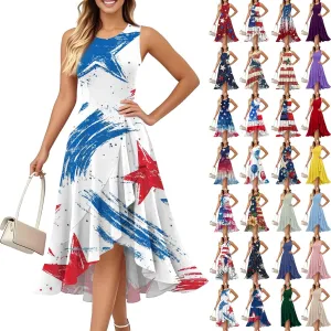 4th of July Dress for Women American Flag Patriotic Sleeveless Ruffle Hem Dresses High Waist Red White and Blue Dress
