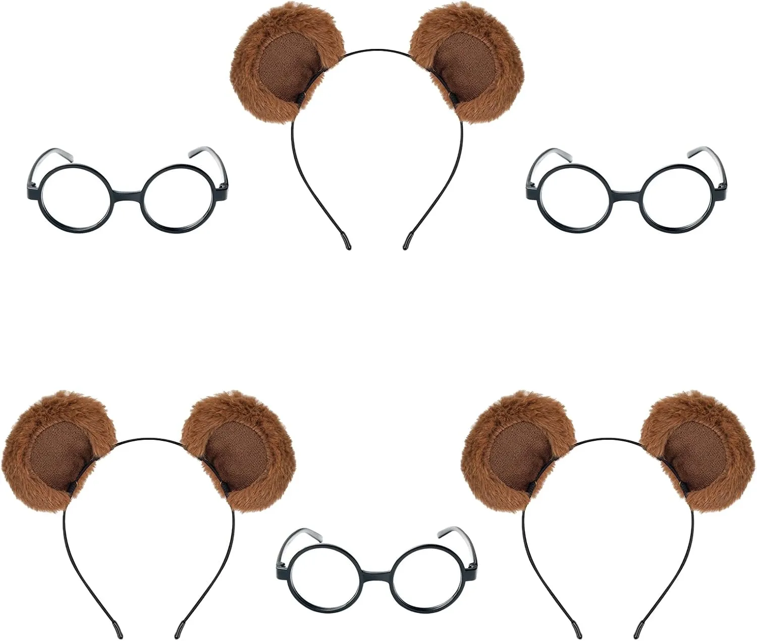6 PCS Chipmunk Ears Headband Plush Round Frame Glasses Set, Chipmunks Accessory Set,Round Glasses,Bear Animal Ears Hairband for Party