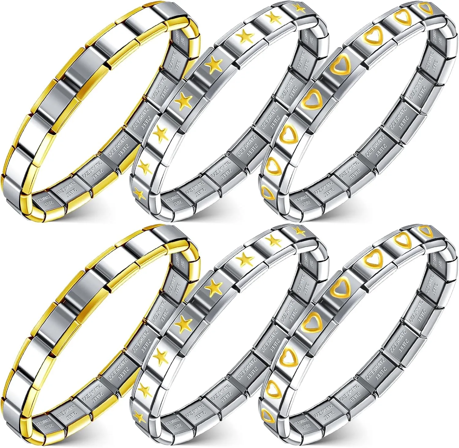 6 Pcs Italian Charm Bracelets Shiny 9mm Starter 18 Links Stainless Steel Italian Bracelet Modular Links
