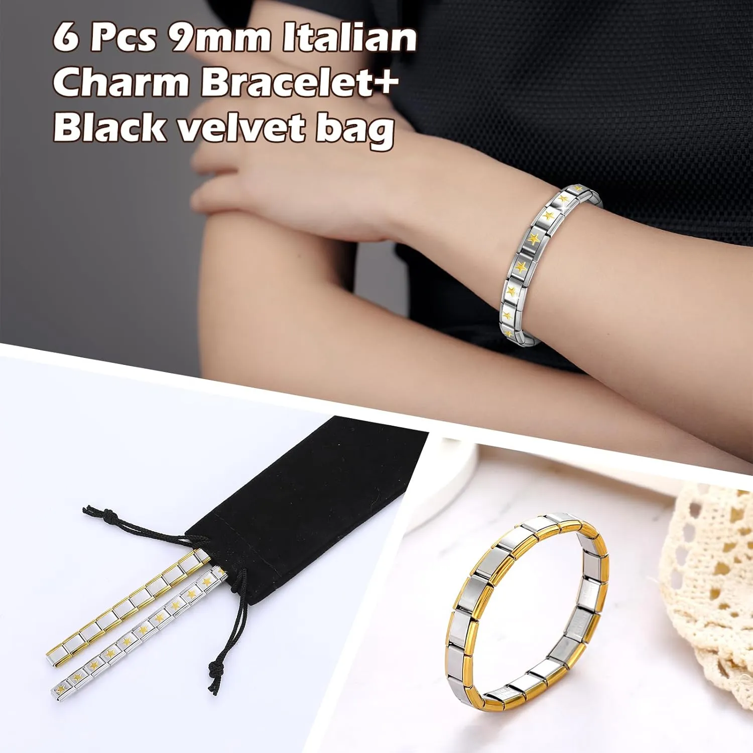 6 Pcs Italian Charm Bracelets Shiny 9mm Starter 18 Links Stainless Steel Italian Bracelet Modular Links