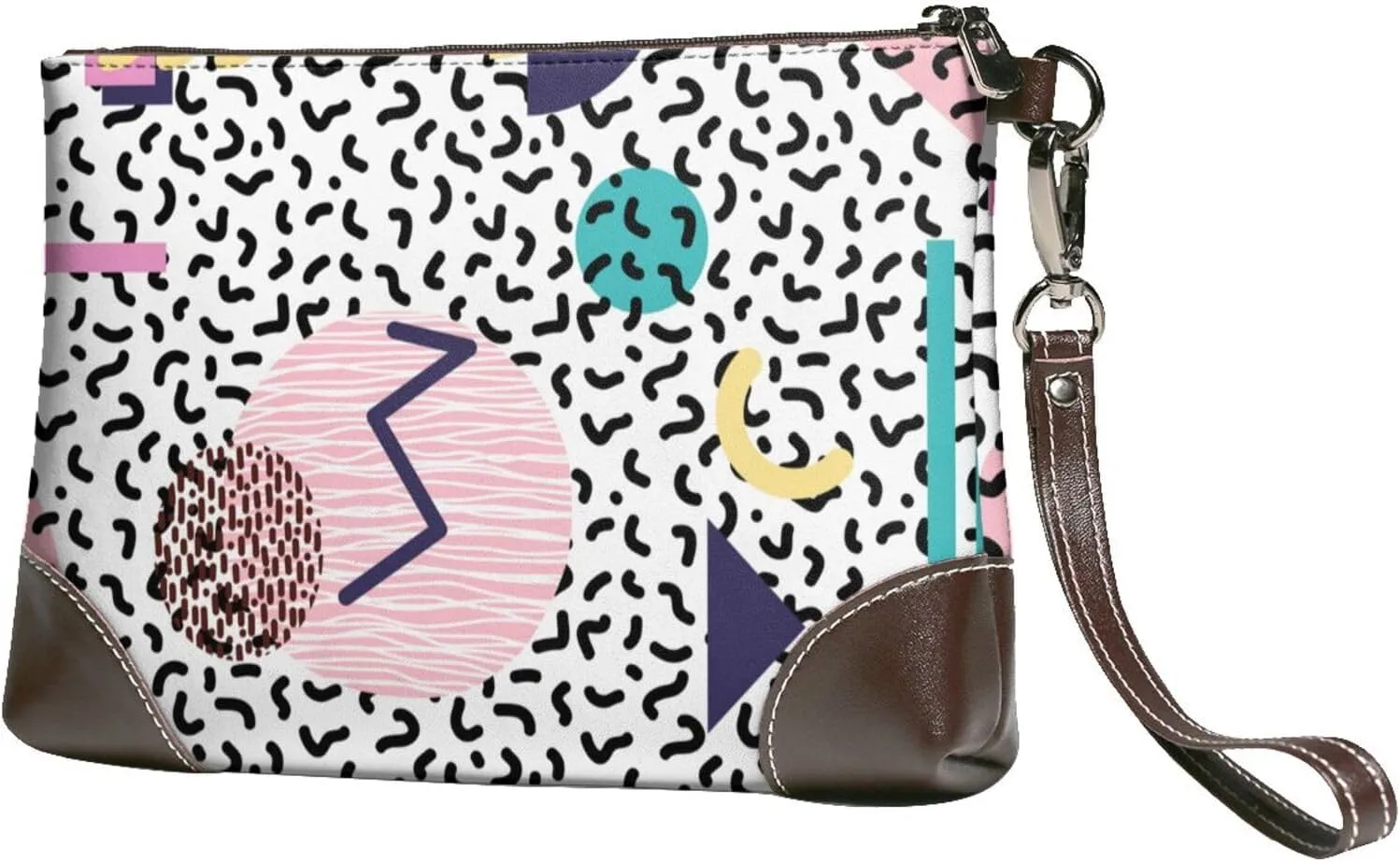 90s Geometric In Retro Style Women Leather Clutch Purse Evening Bag Small Wristlet Wallet Cell Phone Bag