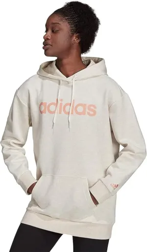 adidas Womens Lin Oversize Fleece Hoodie Sweatshirt, Off White Mel/Ambient Blush