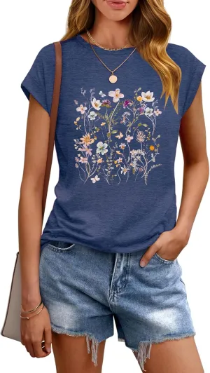 AKEWEI Womens Vintage Flower Print T Shirt Funny Cute Animal Graphic Tees Tops Loose Casual Outdoor Shirt