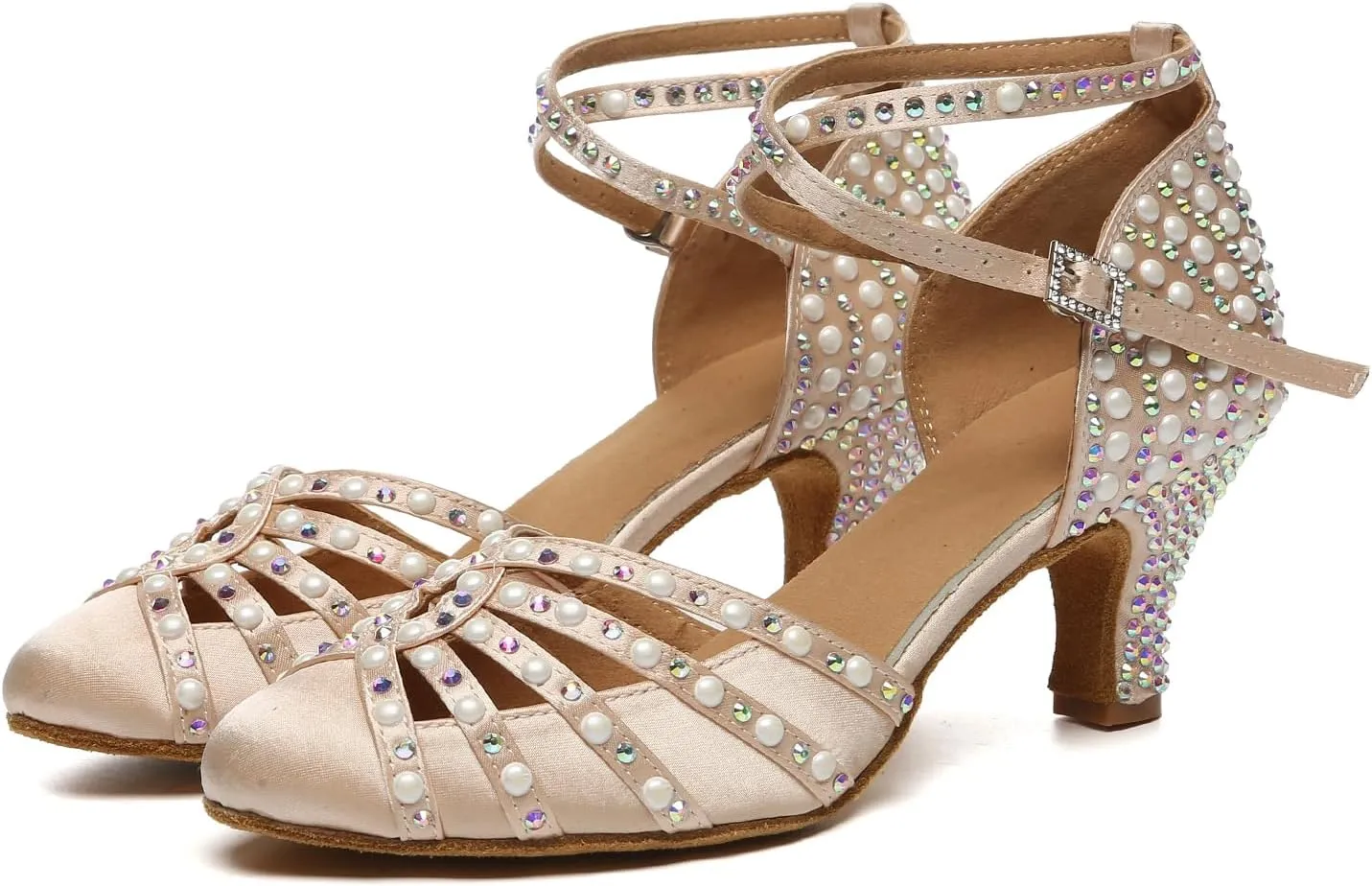 AOQUNFS Women's Rhinestone Ballroom Dance Shoes Satin Closed Toe Latin Salsa Performance Dancing Shoes