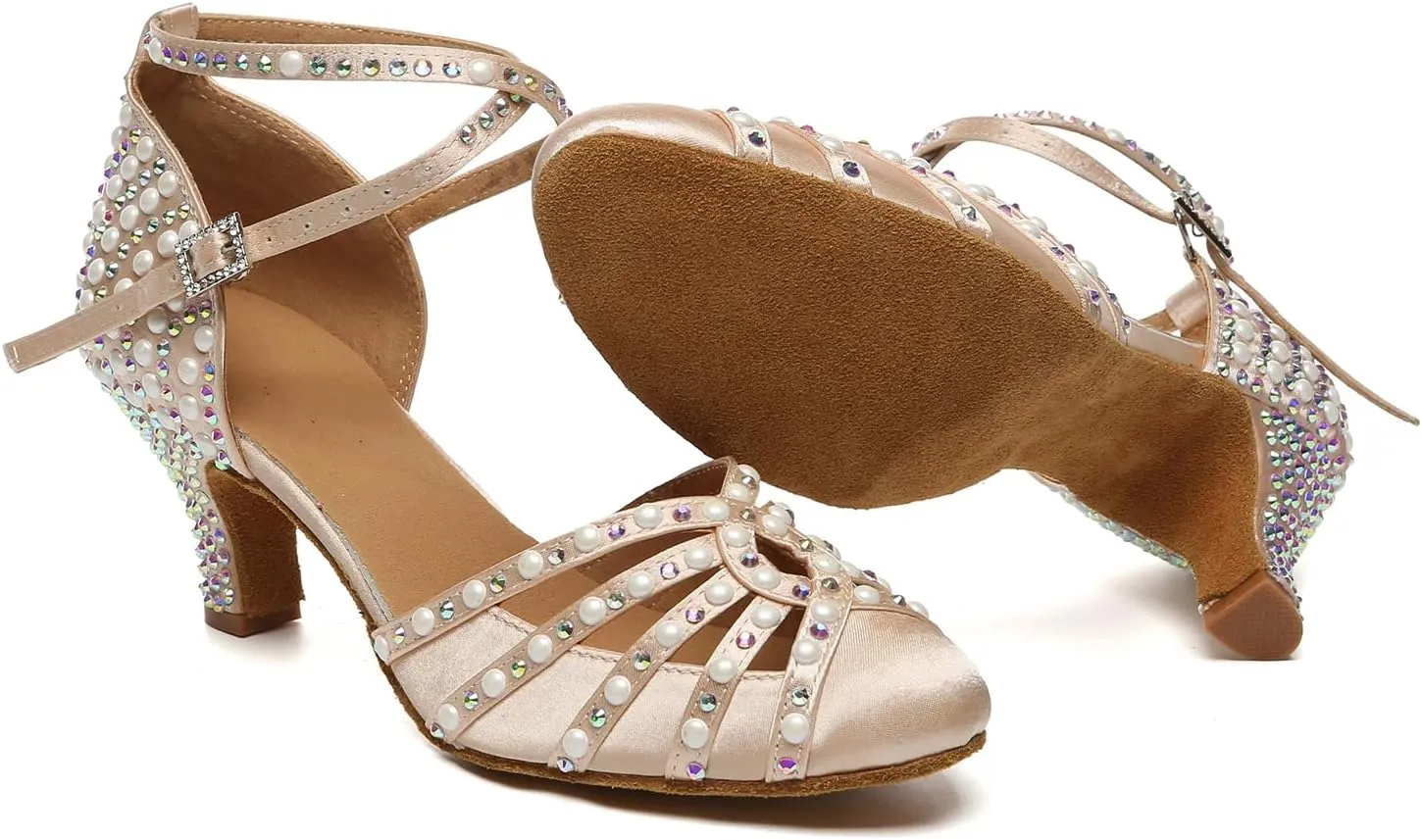 AOQUNFS Women's Rhinestone Ballroom Dance Shoes Satin Closed Toe Latin Salsa Performance Dancing Shoes