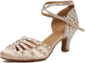 AOQUNFS Women's Rhinestone Ballroom Dance Shoes Satin Closed Toe Latin Salsa Performance Dancing Shoes