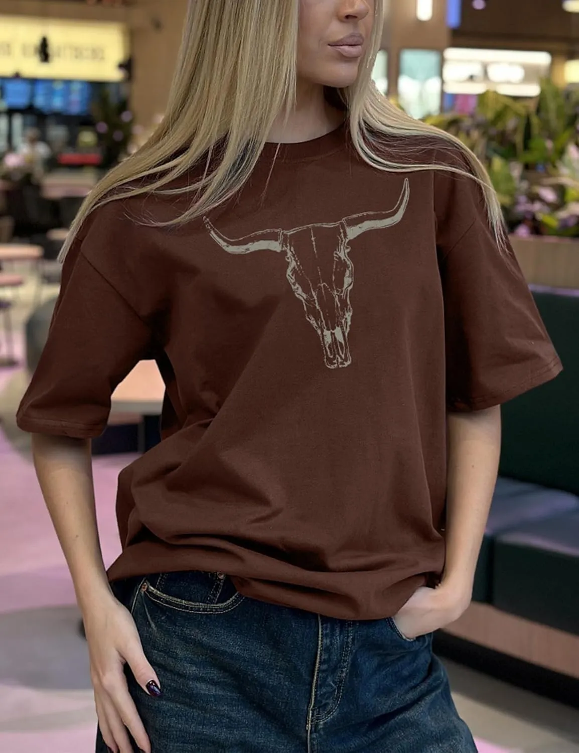 Arssm Women Cow Printed Graphic Tees Cowgirl T Shirts Vintage Western Short Sleeve Bull Skull Casual Top