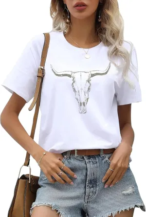 Arssm Women Cow Printed Graphic Tees Cowgirl T Shirts Vintage Western Short Sleeve Bull Skull Casual Top