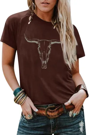 Arssm Women Cow Printed Graphic Tees Cowgirl T Shirts Vintage Western Short Sleeve Bull Skull Casual Top