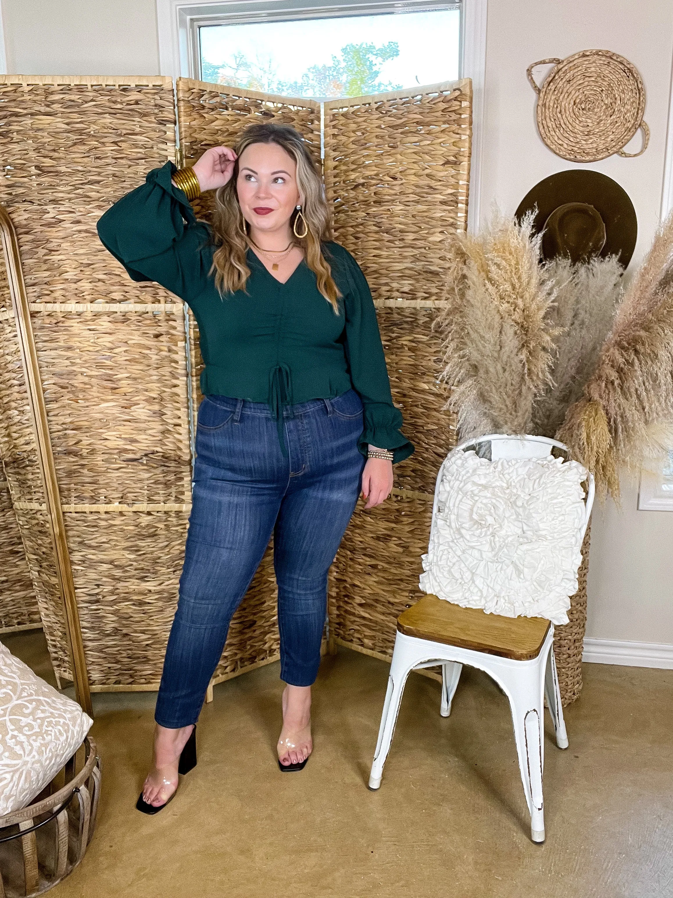 Authentic Aura Ruched Front Peplum Crop Top with Long Sleeves in Forest Green