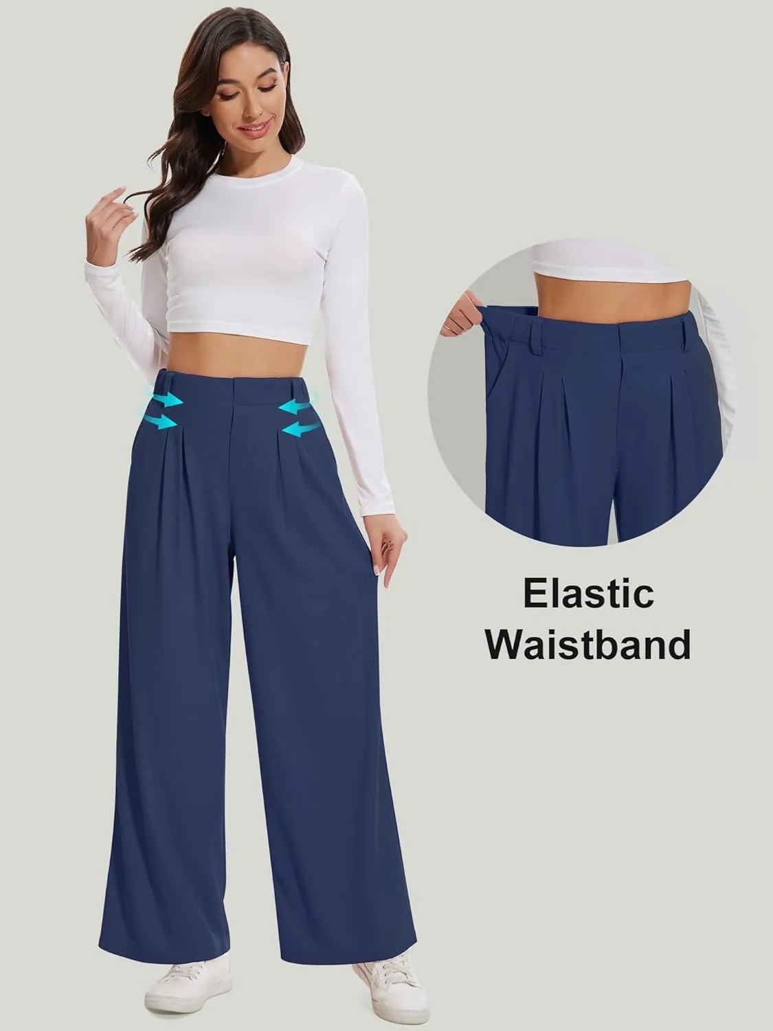 AVAMO Wide Leg Business Casual Pants Stretchy Work Pants High Waisted Slacks for Women Waffle Trousers with Pockets