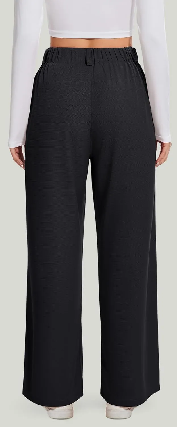 AVAMO Wide Leg Business Casual Pants Stretchy Work Pants High Waisted Slacks for Women Waffle Trousers with Pockets